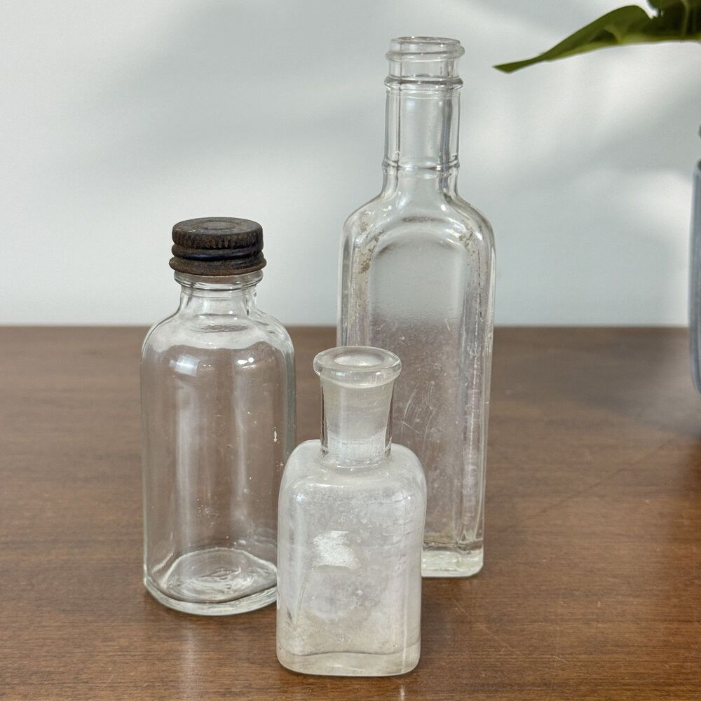 Lot of 3 Antique Clear Glass Bottles Assorted Shapes Pre-1900 Collectible